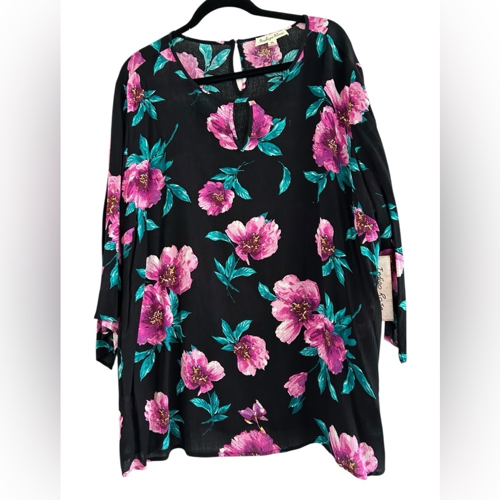 Indigo Rose Plus Size 3X Black Pink Floral Blouse 3/4 Sleeve Keyhole Boho Top 3X